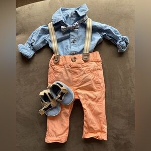CAT & JACK Chambray shirt with Bow tie, Suspenders & Pants & shoes 0-3 months